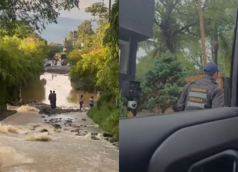 A la izquierda, como quedó una vía en el sector de Los Balsos. A la derecha, el cobro que están haciendo en una unidad residencial. FOTOS: CAPTURAS DE VIDEO.