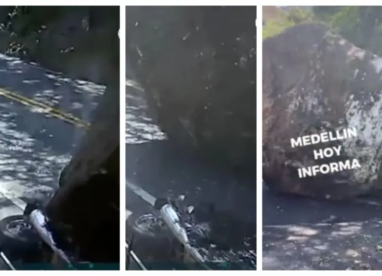 Momento en el que el peñón se desprende y aplasta la moto de un conductor. FOTO: imagen redes sociales Medellín Hoy Informa