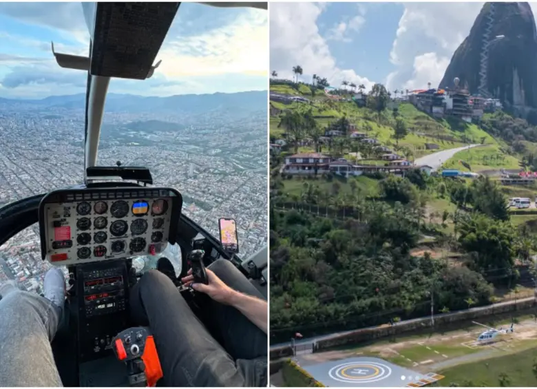 Momentos de un viaje en helicóptero y el helipuerto en Guatapé. FOTO: Redes sociales Helitours