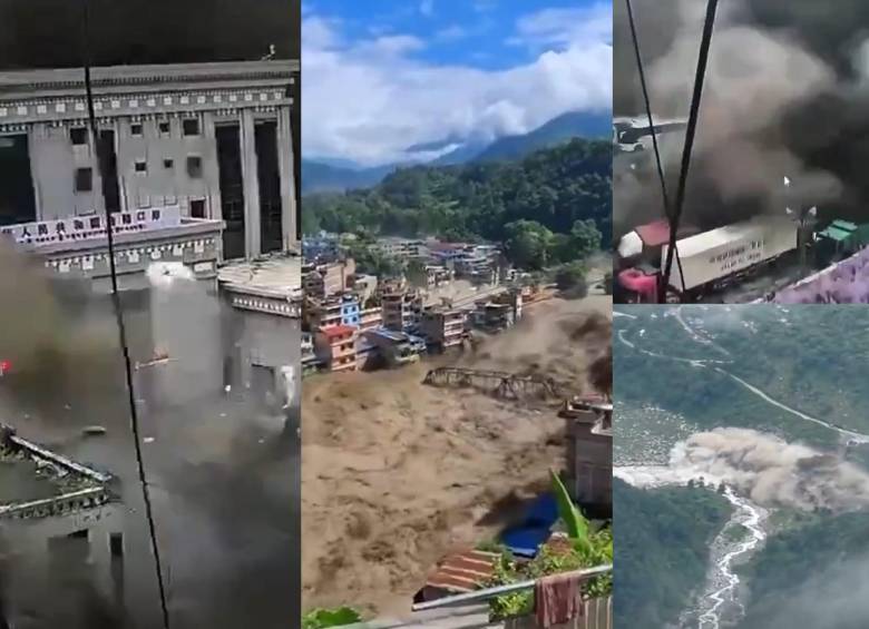 Las inundaciones provocaron el desbordamiento de un río en el distrito de Rasuwa, Nepal, cerca de la frontera con China. Foto: captura de video redes sociales
