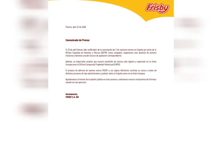 Comunicado de la cadena pereirana sobre su apelación de la decisión de la OEPM. Foto: Cortesía Frisby