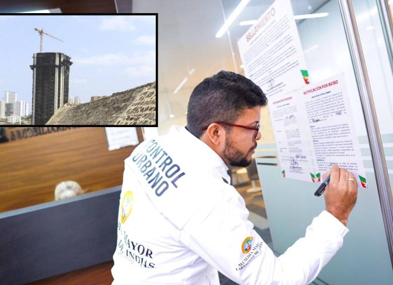 Funcionario de la Alcaldía de Cartagena realizando el sellamiento. Arriba, la polémica torre. FOTO: Colprensa y Cortesía.