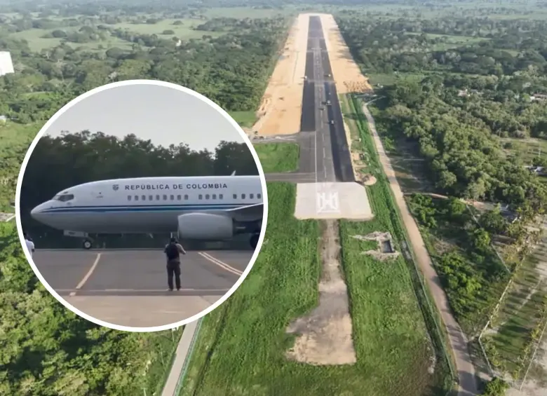 Aunque el acto de inauguración nunca se realizó y Petro no descendió del avión, las cuentas oficiales del Gobierno presentaron el aterrizaje como la entrega del aeropuerto de Tolú. Foto: Presidencia y redes sociales @NoticiasRCN