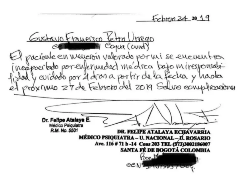 Esta fue la incapacidad del senador Gustavo Petro que Leyva anexó a su declaración ante la Comisión de Acusaciones de la Cámara. Foto: Captura documento declaración. 