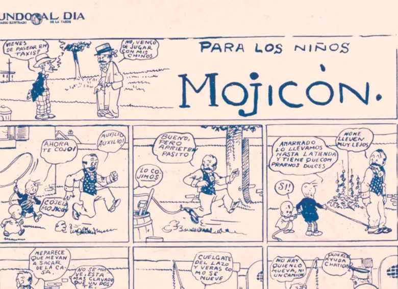 La primera tira de Mojicón, publicada en Mundo al Día el 19 de febrero de 1924. En sus inicios, Adolfo Samper copiaba cuadro por cuadro la tira estadounidense Smitty, de Walter Berndt, adaptando solo los diálogos al lenguaje bogotano de la época. FOTO cortesía Biblioteca Nacional/Investigación Entre Viñetas, Pablo Guerra (2014)
