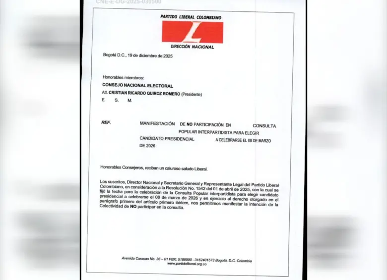La carta con la que el Partido LIberal anunció su decisión ante el CNE. Foto: Partido Liberal