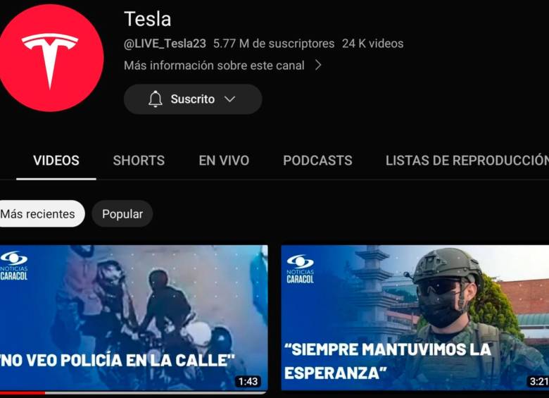 Desde este miércoles el canal de Noticias Caracol en Youtube está siendo suplantado por ciberdelincuentes. FOTO: CAPTURA DE PANTALLA