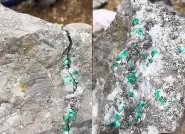 Los minera grabaron el momento en el que abren una roca y descubren esmeraldas en su interior. Foto: captura de video
