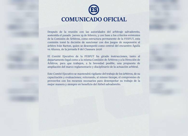Con este comunicado se anunció en febrero la suspensión de Iván Barton. Foto: FESFUT