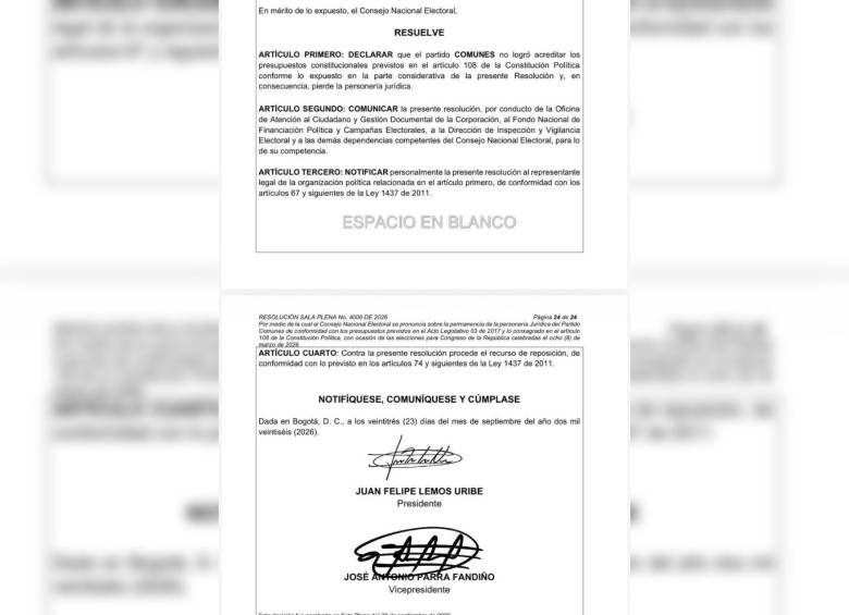Esta es la resolución con la que el CNE oficializa la pérdida de personería del partido Comunes. Foto: @Marovaan