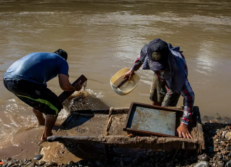 Los elementos de trabajo son básicos: un cajón de madera, costales, un tapete, los tarros para cargar los materiales, la batea, jabón en polvo, imanes y una cuchara fina para quemar las impurezas. FOTO JULIO CÉSAR HERRERA ECHEVERRY