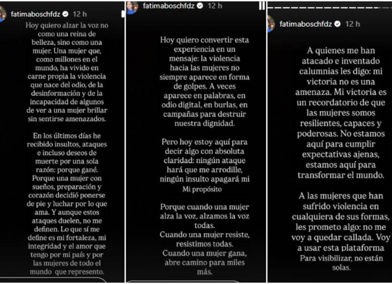 Los mensajes de la Miss Universo Mexicana en las historias de Instagram de su perfil. FOTO: Tomada de redes sociales @fatimaboschfdz