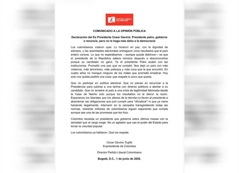 Esta es la carta donde César Gaviria advierte al presidente Gustavo Petro para que no renuncie en pro de hacer campaña a favor de Iván Cepeda. Foto: Cortesía Partido Liberal