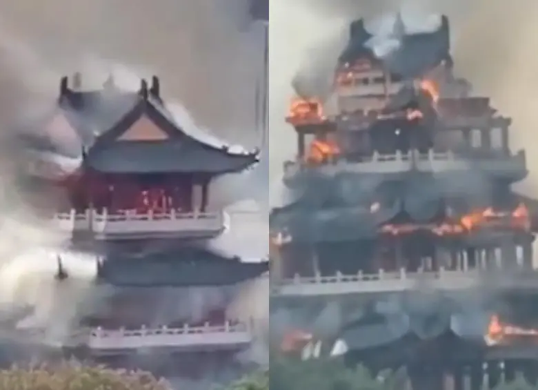 Pabellón Wenchang del templo Yongqing quedó reducido a escombros tras el incendio. FOTO: captura de video en X. 