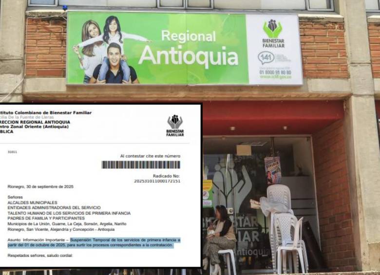 Adelante, circular en la que se advierte de la suspensión. Atrás, sede regional del ICBF en Antioquia. FOTO: Camilo Suárez y cortesía