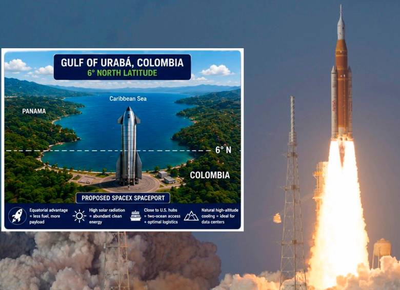 Imagen de referencia de un cohete saliendo hacia el espacio exterior y una recreación publicada en X. FOTO: GETTY y @holdmybirra en X