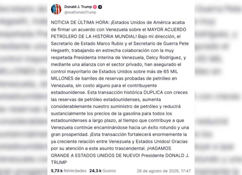 Este fue el anuncio de Donald Trump sobre el acuerdo con Venezuela. Foto: Captura Truth Social