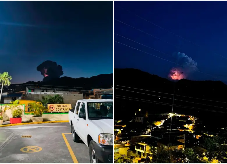 Así se veía el curioso fenómeno ocurrido en el volcán Nevado del Ruiz en la noche de este 25 de junio. FOTO: Cortesía SGC