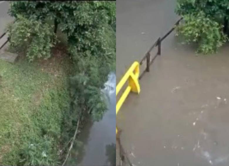 Con la intensidad de una lluvia que duró 44 minutos, la quebrada La Presidenta se desbordó en El Poblado. Foto: captura de video cámaras de seguridad