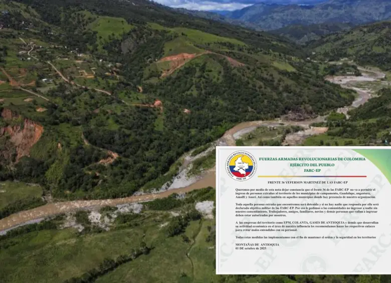 Adelante, el panfleto que sería publicado por las disidencias de las Farc. Atrás, paraje del Norte de Antioquia. FOTO: Manuel Saldarriaga y cortesía Denuncias Antioquia