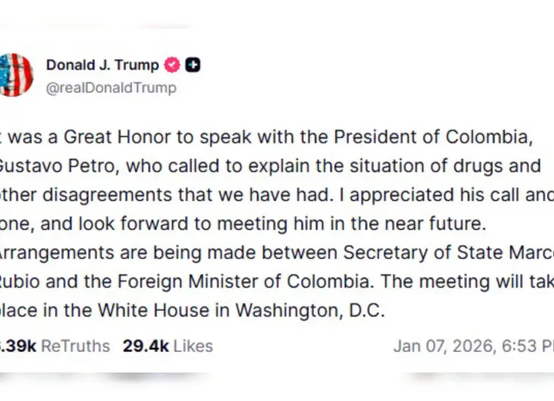 Donald Trump se refirió en su red social a la llamada que sostuvo con Gustavo Petro. Foto: Captura de Truth Social