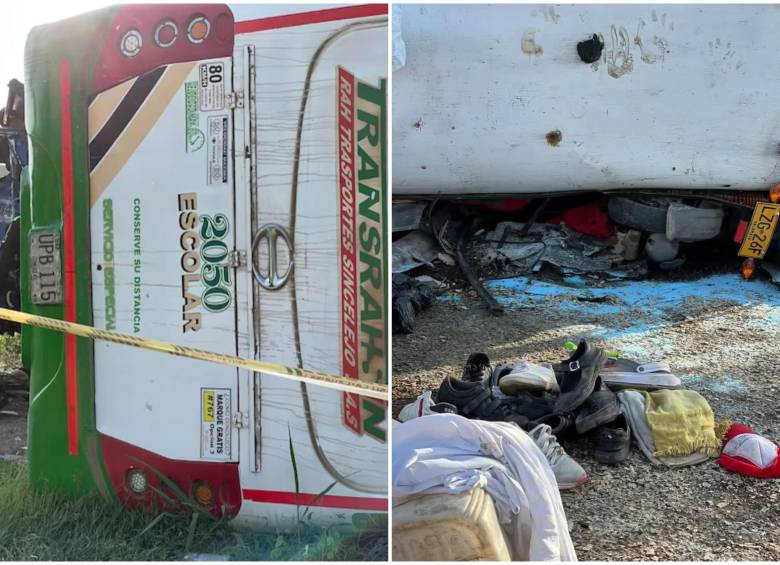 Al verse sin frenos en una pendiente de Morroa, prefirió encarar un camión de frente antes que dejar caer el bus por la montaña con 31 menores a su cargo. FOTO: Tomada de redes sociales y cortesía