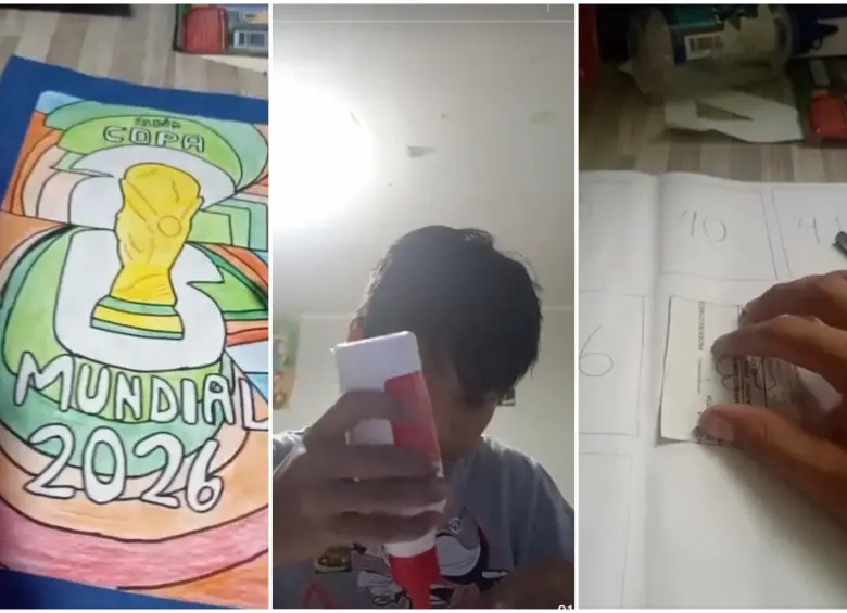 Este es el niño haciendo su álbum del Mundial 2026 a mano. FOTO: Captura de video de redes sociales @creativo_huggy01
