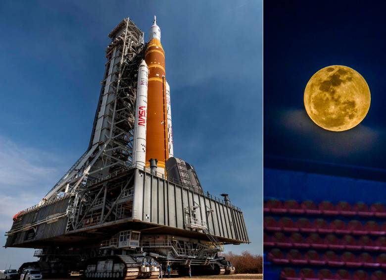 A la izquierda vemos el llamado transportador de orugas 2 de la Nasa, que transporta el cohete Artemis II SLS (Sistema de Lanzamiento Espacial) con la nave espacial Orión fijada al lanzador móvil 1. La idea es que Artemis II le dé una vuelta a la Luna este año. FOTO Cortesía Nasa/Cory S Huston y Camilo Echevery.