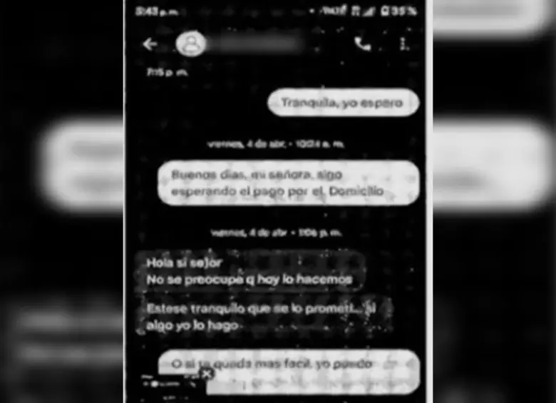 Este fue el chat que presuntamente tuvo Zenaida Vargas Pava con el domiciliario. Foto: Captura Noticias RCN