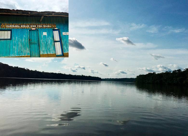 Raudal de Jirijirimo en el río Apaporis, uno de los lugares más sagrados para los Tucano. En la fachada de una escuela se lee en barasano: “Los niños hacen todo bien”. Fotos: Andrea Mejía.