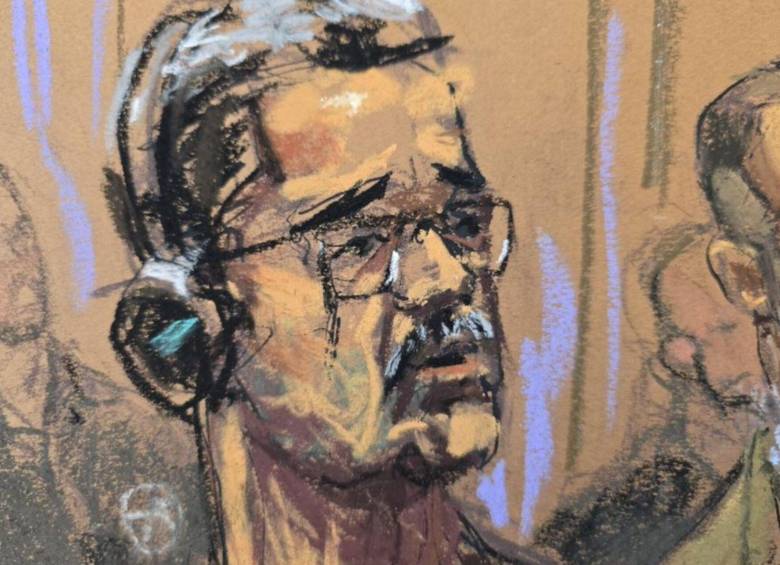 Así se le vio a Nicolás Maduro escuchando los cargos por presunta conspiración para tortura. Foto: ilustración de Jane Rosenberg tomada de X @NotiExpressColo