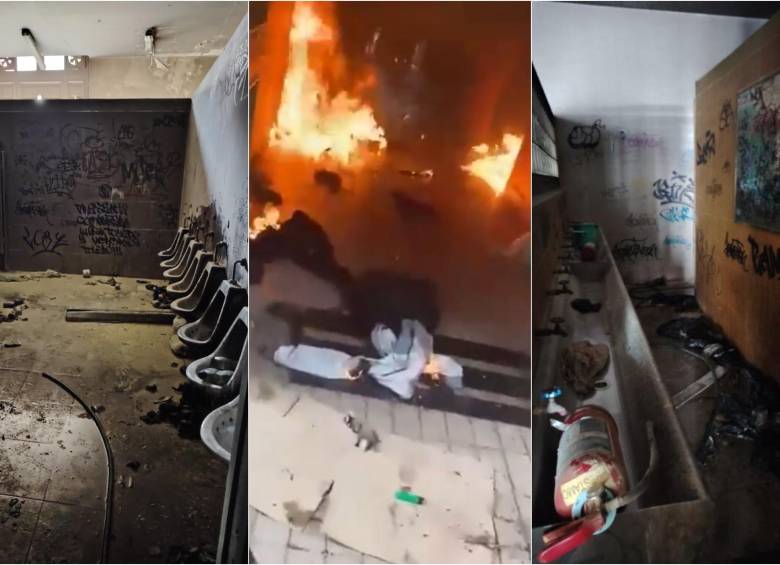 En la imagen del centro, donde se ven las llamas, se puede observar la entrada del baño donde al parecer explotó la bomba molotov con los estudiantes adentro. FOTO: REDES SOCIALES 