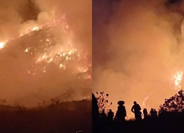 Según los bomberos de Tunja, a pesar del viento, la dificultad de acceso por el terreno y el cansancio, comunidad y todos los organismos de socorro seguimos de frente combatiendo el fuego. FOTO: FACEBOOK BOMBEROS DE TUNJA