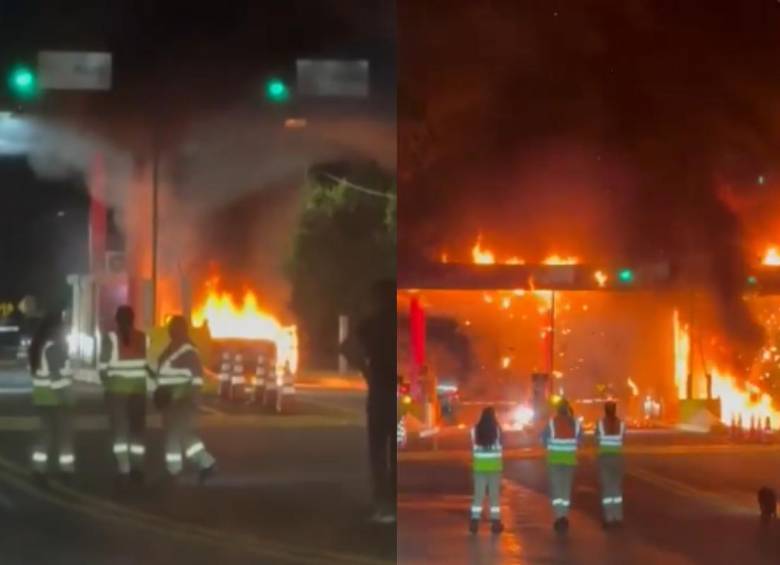 El incendio consumió parte de las casetas del peaje Bicentenario y obligó al cierre total de la vía entre Guaduas y Honda. FOTO: captura de video. 