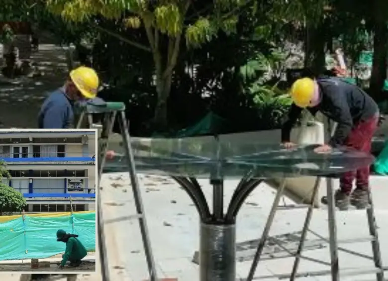 Obreros realizando una intervención en el parque principal de Copacabana. FOTO: imagen tomada de redes.