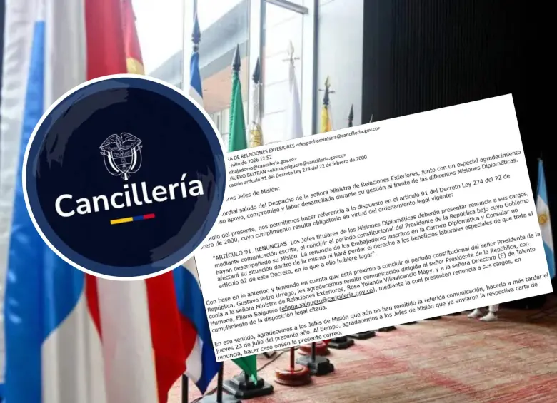 El correo enviado por la Cancillería solicita a los embajadores presentar su carta de renuncia antes del 23 de julio. Foto: Cancillería / Colprensa / redes sociales