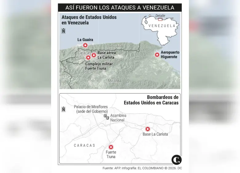Estos fueron los puntos atacados por fuerzas estadounidenses en Venezuela. Foto: EL COLOMBIANO