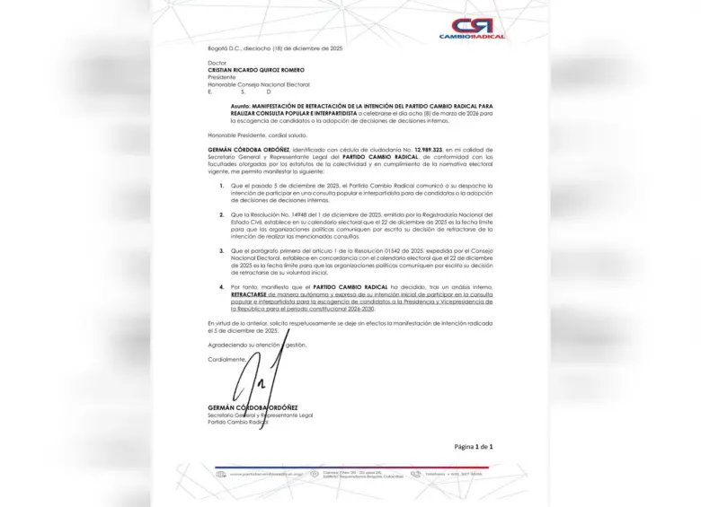 Con este comunicado, CR se retractó de su decisión de ir a consultas interpartidistas. Foto: Cambio Radical