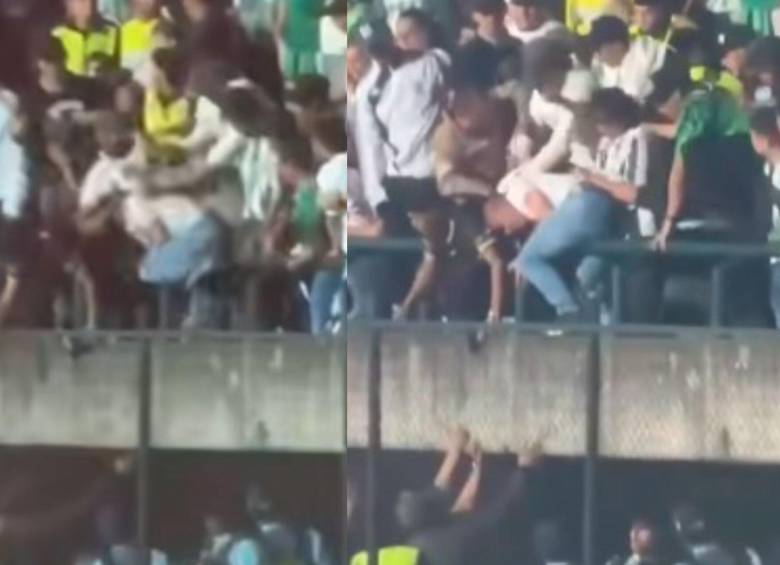 Un hincha cayó de las gradas a la pista atlética del estadio Ditaires tras ser golpeado por seguidores del Nacional. Foto: Captura videos redes sociales