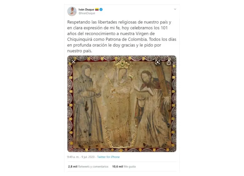 El tuit de Duque sobre la Virgen de Chiquinquirá.