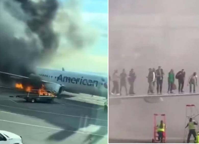 Un avión de American Airlines se incendió tras aterrizar en el aeropuerto de Denver, en Colorado. FOTO: Tomadas de redes sociales 