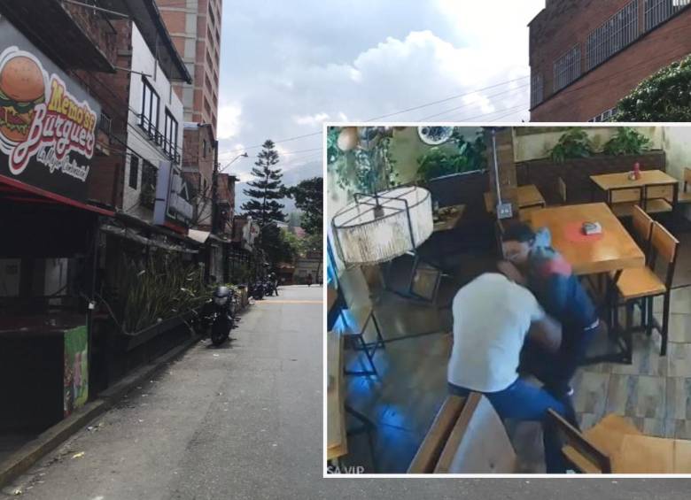 Adelante, el momento en el que el comerciante (de blanco) enfrentó a su asesino. Atrás, la cuadra donde ocurrieron los hechos. FOTO: Laura Rosa Jiménez Valencia y cortesía Denuncias Antioquia.