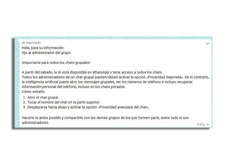 Nueva cadena viral sobre “IA de WhatsApp que lee chats y grupos” es falsa: Meta no puede ver sus mensajes