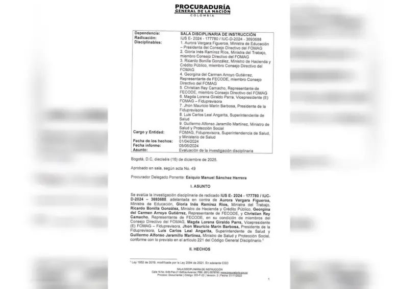 El documento con el que la Procuraduría llamó a juicio disciplinario al ministro de Salud, a exministros de Hacienda, Educación y Trabajo y directivos del Fomag. Foto: Cortesía Procuraduría