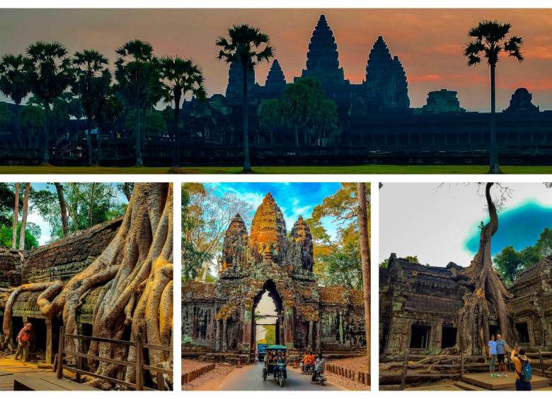 Arriba: Amanecer en Angkor Wat; el sol se levanta detrás de las icónicas cinco torres del templo. Abajo a la izquierda y a la derecha: El complejo de templos de Ta Prohm, ubicado en el parque arqueológico de Angkor. Abajo en el centro: Puerta Sur de Angkor Thom, famosa por sus torres de caras. FOTOS JUAN DIEGO ORTIZ JIMÉNEZ
