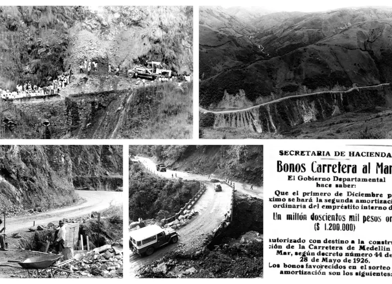 Imágenes de la carretera al Mar en los años 80. La imagen de la esquina inferior izquierda corresponde a una campaña de 1927. FOTOS Archivo CIP El Colombiano