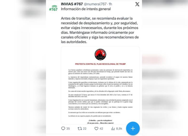 Este fue el trino de Invías en donde le hizo eco a las amenazas del ELN. Foto: Captura X