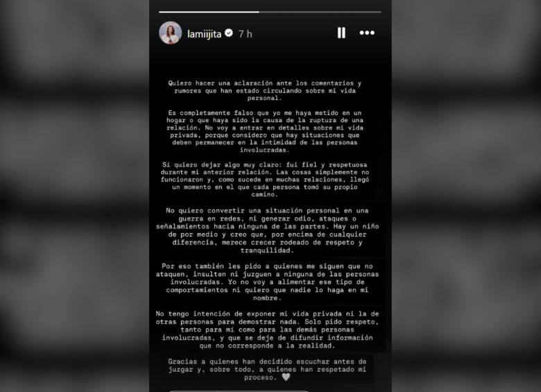 ‘La Mijita’, señalada en redes por su cercanía con Camilo Cifuentes, negó haber sido la causa de la ruptura y rechazó los señalamientos en su contra. Foto: redes sociales