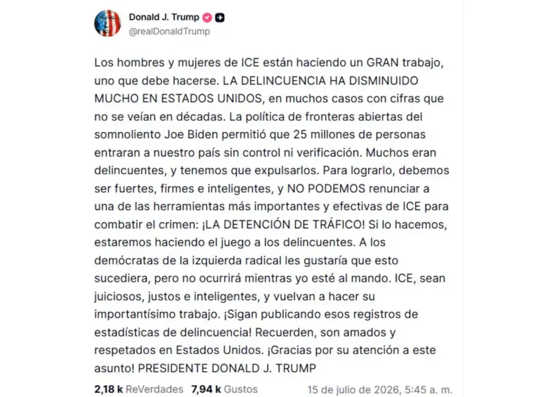 Este fue el mensaje de Donald Trump respaldando las operaciones de ICE. Foto: Captura de mensaje traducido al español Truth Social
