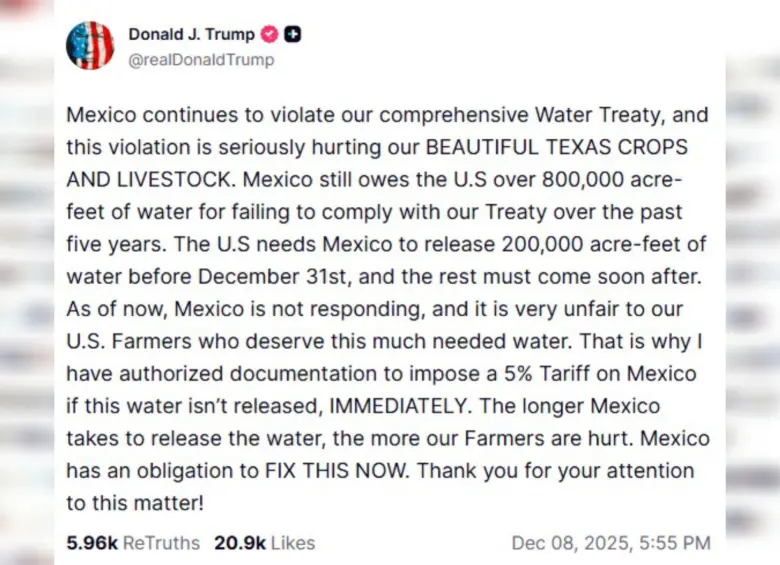 Donald Trump acusó a México a través de Truth social de incumplir un tratado sobre ríos fronterizos. Foto: Captura Truth Social